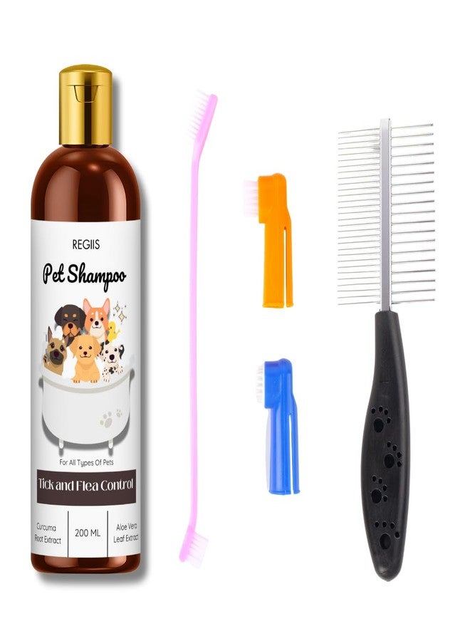 شامبو ريجيس للحيوانات الأليفة مع مكافحة القراد والبراغيث، مكونات طبيعية، 200 مل، يتضمن مجموعة فرشاة ومشط للعناية بالحيوانات الأليفة (عبوة من 3 قطع) - Image 1